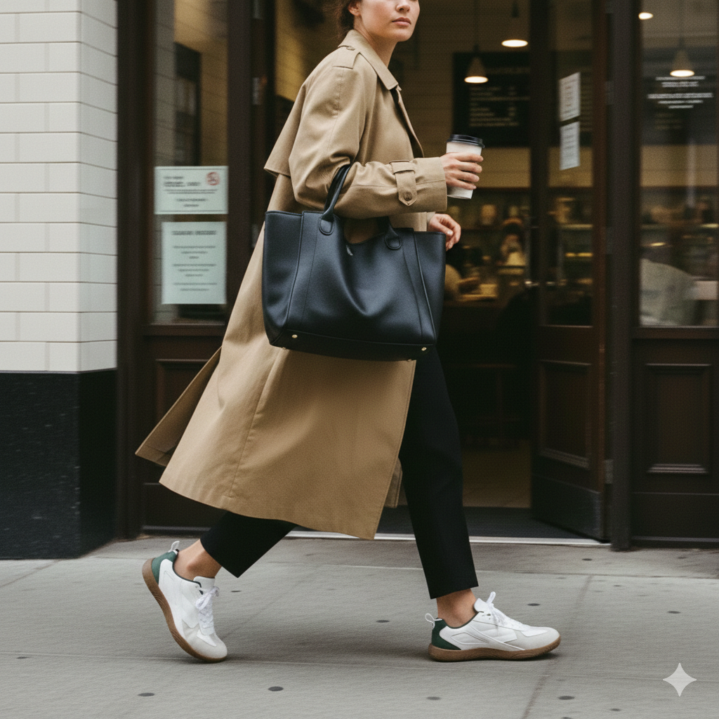 Woman in a beige trench coat walking past a storefront holding coffee, wearing white and green Mumei sneakers